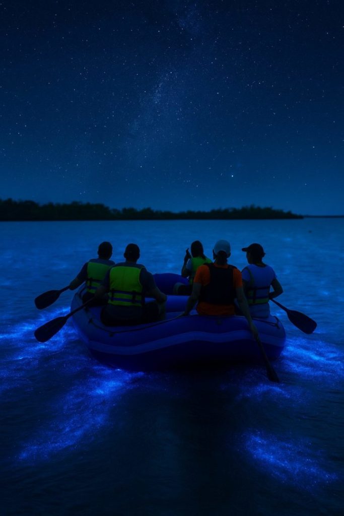 Family rafting on a bioluminescent tour under starry skies in Florida with BK Adventure