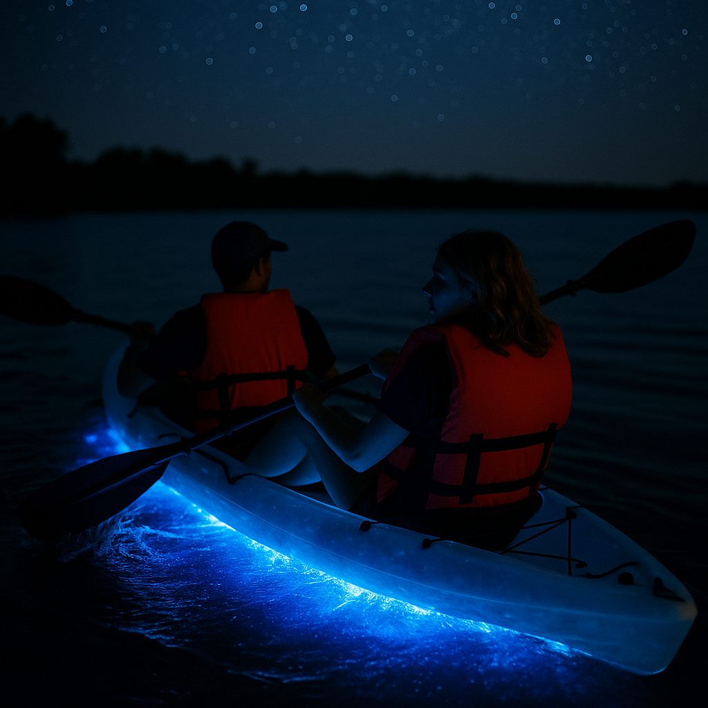BK Adventure guests kayaking through glowing bioluminescent waters at night near Cocoa Beach.