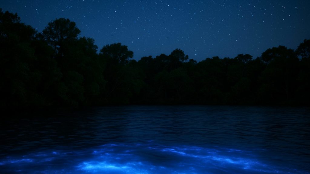 Cover - Bioluminescent waters glowing under a starry sky at Kelly Park East, Florida — a magical summer night scene ideal for eco-tourism adventures.