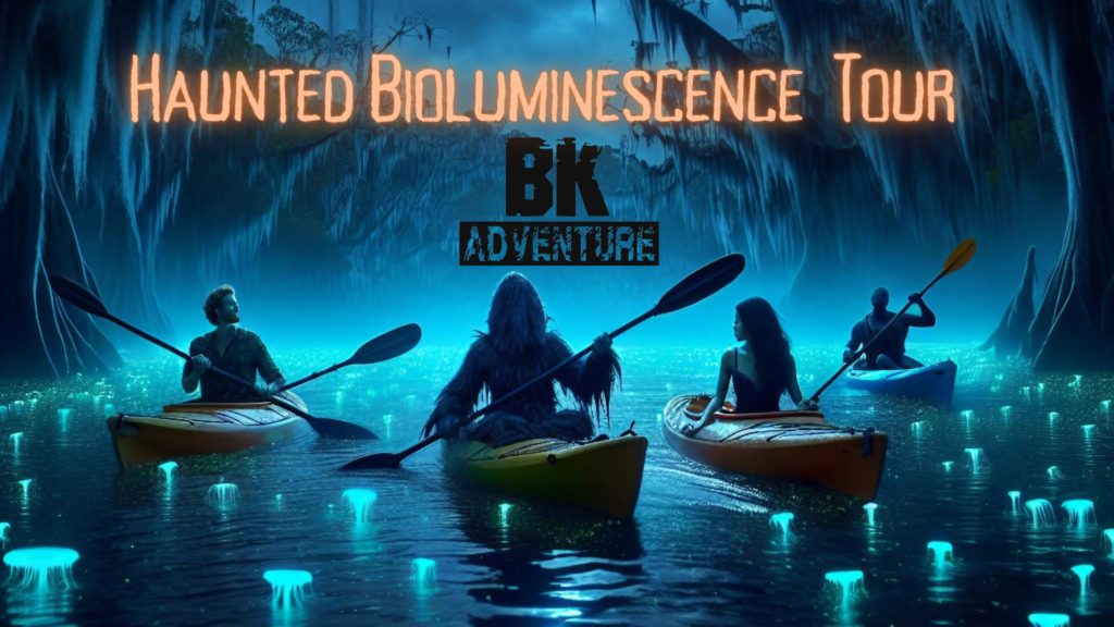 Image of kayaks on water at night with the words "Haunted Bioluminescence Tour"