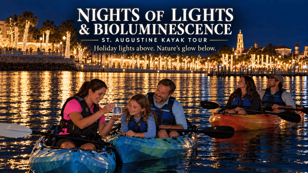 St. Augustine Nights of Lights and bioluminescence kayak tour, with a guide showing guests a comb jelly beside the illuminated waterfront.